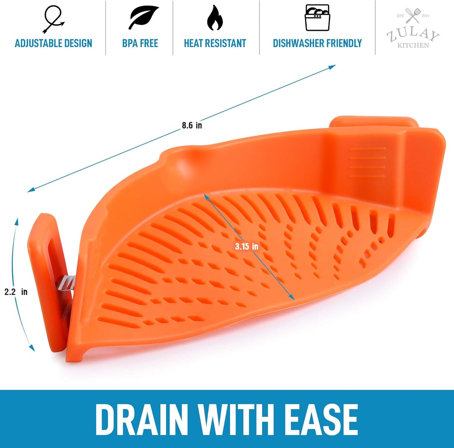 Zulay Silicone Pot Strainer - Adjustable Snap On Strainer For Most Pans & Pots - Food Grade, Heat Resistant, Colander For Draining Pasta, Fruits & Vegetables (Orange)