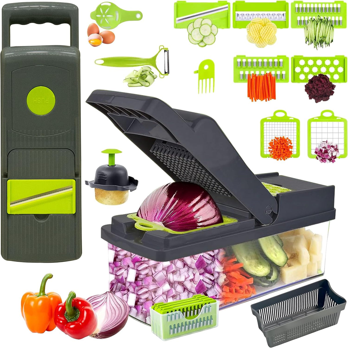 Vegetable Chopper 16 in 1- Multifunctional Food Chopper with 7 Blades- Mandoline Slicer, Dicer, Cutter, Peeler & Grater for Onion, Potato, Salad, Carrot, Garlic with Drain Basket & Container