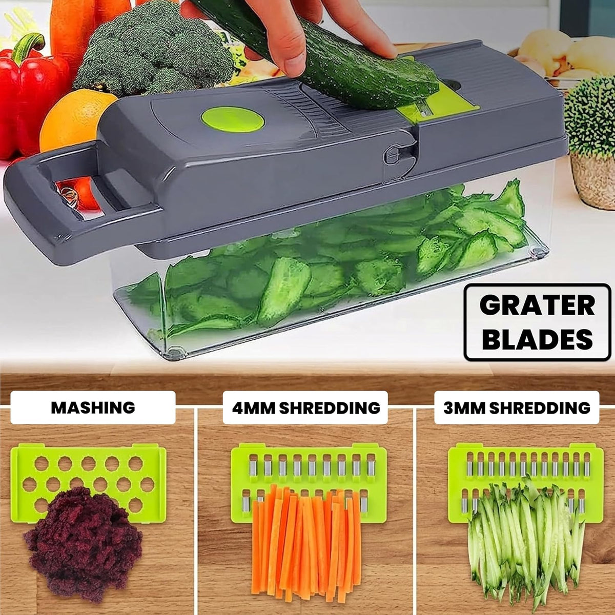 Vegetable Chopper 16 in 1- Multifunctional Food Chopper with 7 Blades- Mandoline Slicer, Dicer, Cutter, Peeler & Grater for Onion, Potato, Salad, Carrot, Garlic with Drain Basket & Container