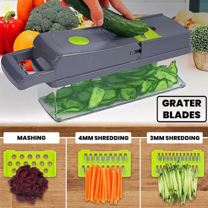 Vegetable Chopper 16 in 1- Multifunctional Food Chopper with 7 Blades- Mandoline Slicer, Dicer, Cutter, Peeler & Grater for Onion, Potato, Salad, Carrot, Garlic with Drain Basket & Container