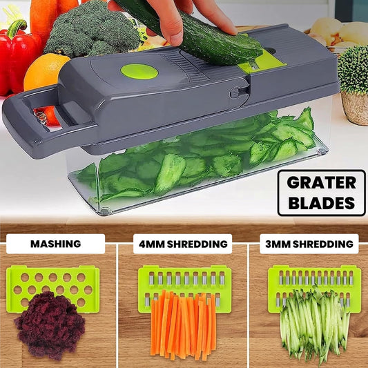 Vegetable Chopper 16 in 1- Multifunctional Food Chopper with 7 Blades- Mandoline Slicer, Dicer, Cutter, Peeler & Grater for Onion, Potato, Salad, Carrot, Garlic with Drain Basket & Container
