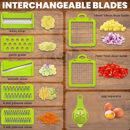 Vegetable Chopper 16 in 1- Multifunctional Food Chopper with 7 Blades- Mandoline Slicer, Dicer, Cutter, Peeler & Grater for Onion, Potato, Salad, Carrot, Garlic with Drain Basket & Container