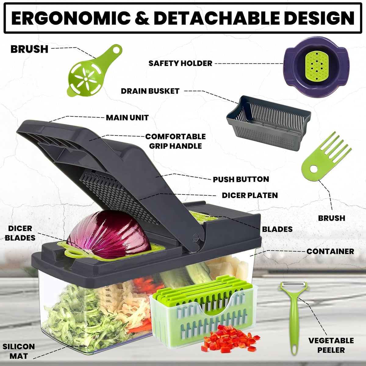 Vegetable Chopper 16 in 1- Multifunctional Food Chopper with 7 Blades- Mandoline Slicer, Dicer, Cutter, Peeler & Grater for Onion, Potato, Salad, Carrot, Garlic with Drain Basket & Container
