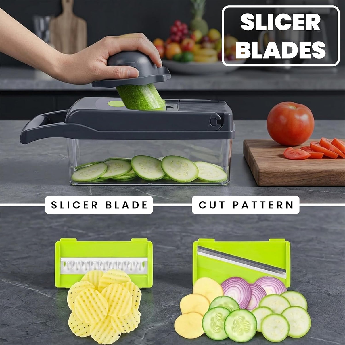 Vegetable Chopper 16 in 1- Multifunctional Food Chopper with 7 Blades- Mandoline Slicer, Dicer, Cutter, Peeler & Grater for Onion, Potato, Salad, Carrot, Garlic with Drain Basket & Container