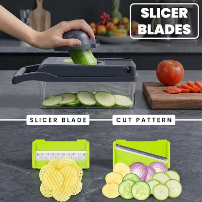 Vegetable Chopper 16 in 1- Multifunctional Food Chopper with 7 Blades- Mandoline Slicer, Dicer, Cutter, Peeler & Grater for Onion, Potato, Salad, Carrot, Garlic with Drain Basket & Container
