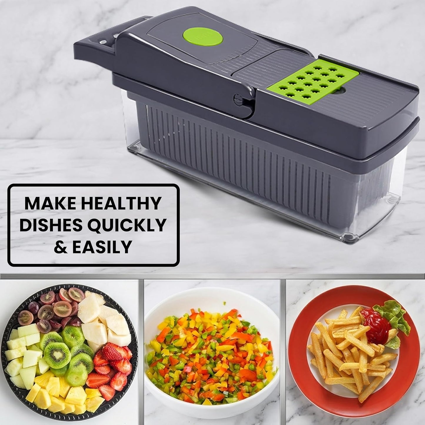 Vegetable Chopper 16 in 1- Multifunctional Food Chopper with 7 Blades- Mandoline Slicer, Dicer, Cutter, Peeler & Grater for Onion, Potato, Salad, Carrot, Garlic with Drain Basket & Container