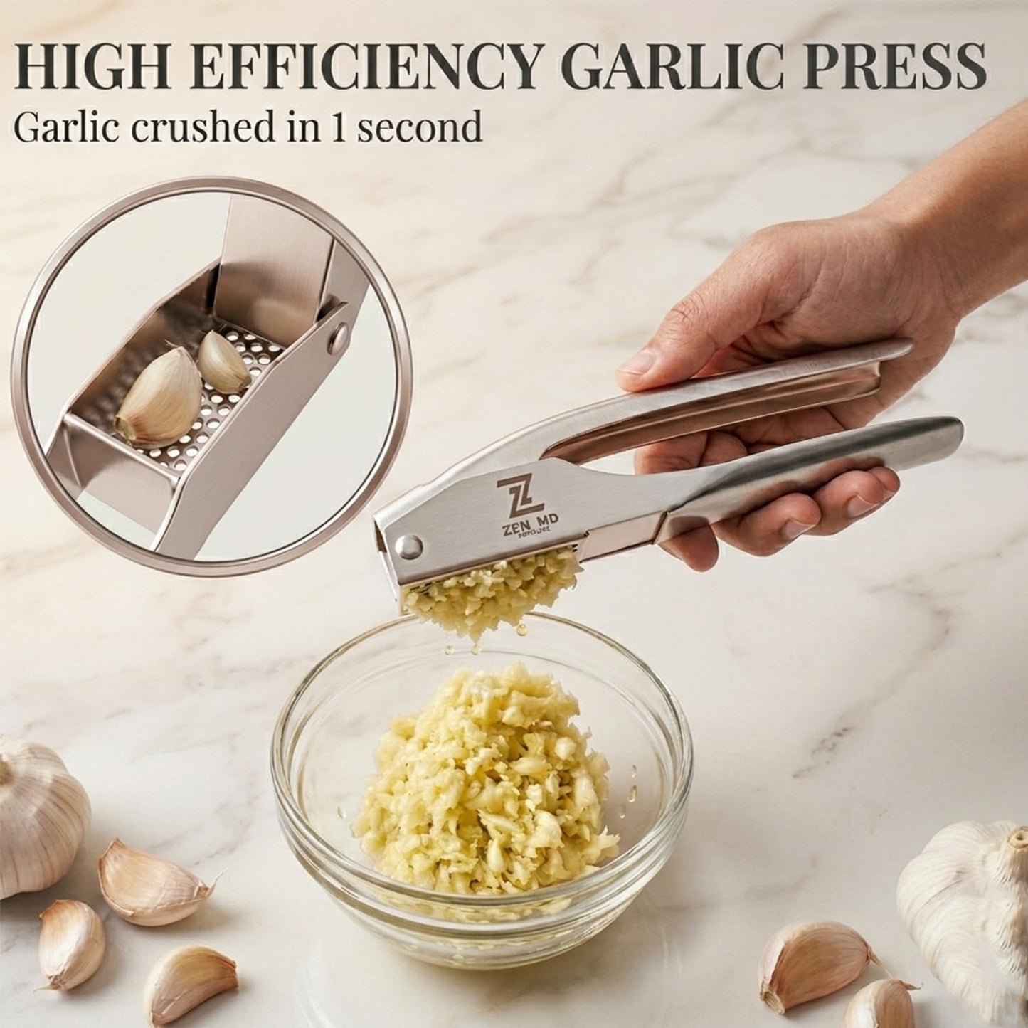304 Stainless Steel Garlic Press, Heavy Duty Mincer & Crusher Tool, No Peeling Needed, Large Capacity Garlic Press and Masher, Easy Squeeze Presser, Rustproof Dishwasher Safe Kitchen Gadget