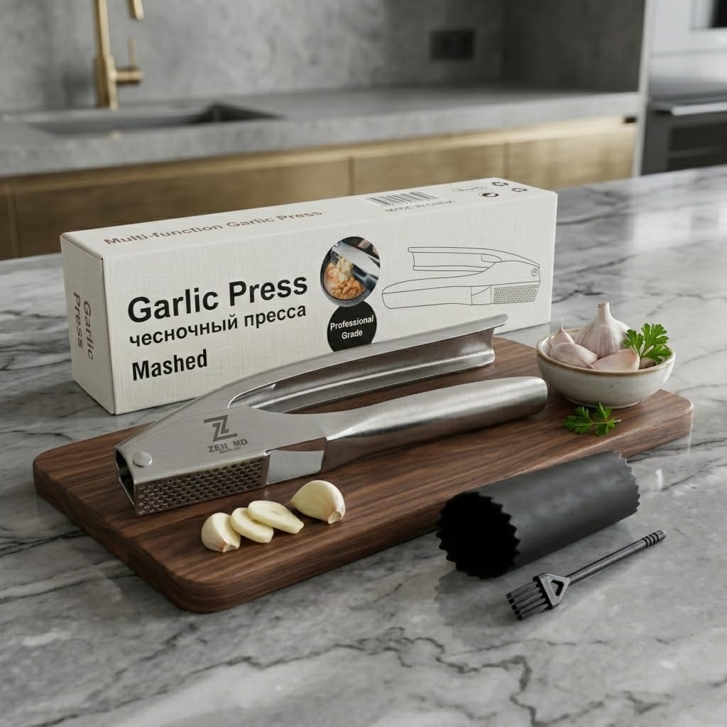 304 Stainless Steel Garlic Press, Heavy Duty Mincer & Crusher Tool, No Peeling Needed, Large Capacity Garlic Press and Masher, Easy Squeeze Presser, Rustproof Dishwasher Safe Kitchen Gadget