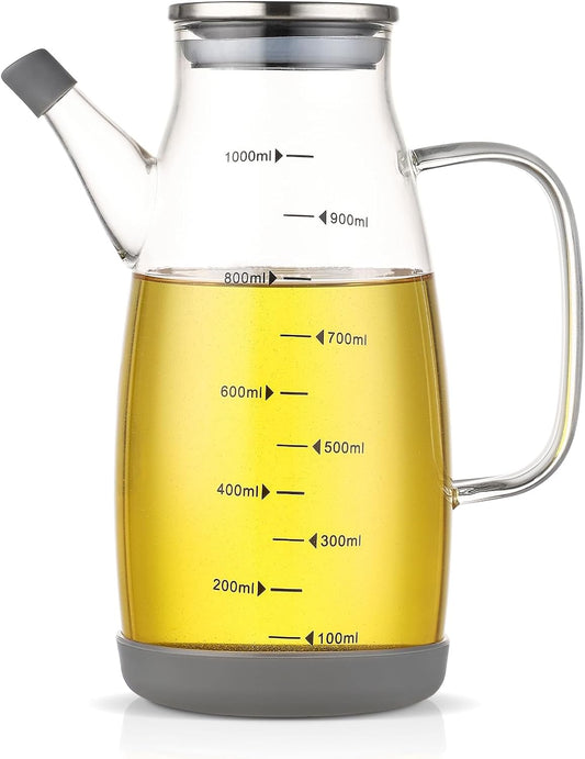 Glass Oil Dispenser Bottle - Glass Olive Oil Bottle for Kitchen, Wide Mouth Borosilicate Glass Cooking Oil Bottles with Lid and Handle (1000ML)