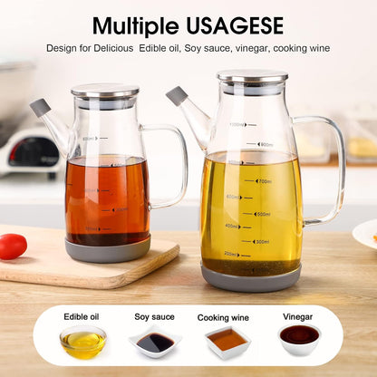 Glass Oil Dispenser Bottle - Glass Olive Oil Bottle for Kitchen, Wide Mouth Borosilicate Glass Cooking Oil Bottles with Lid and Handle (1000ML)