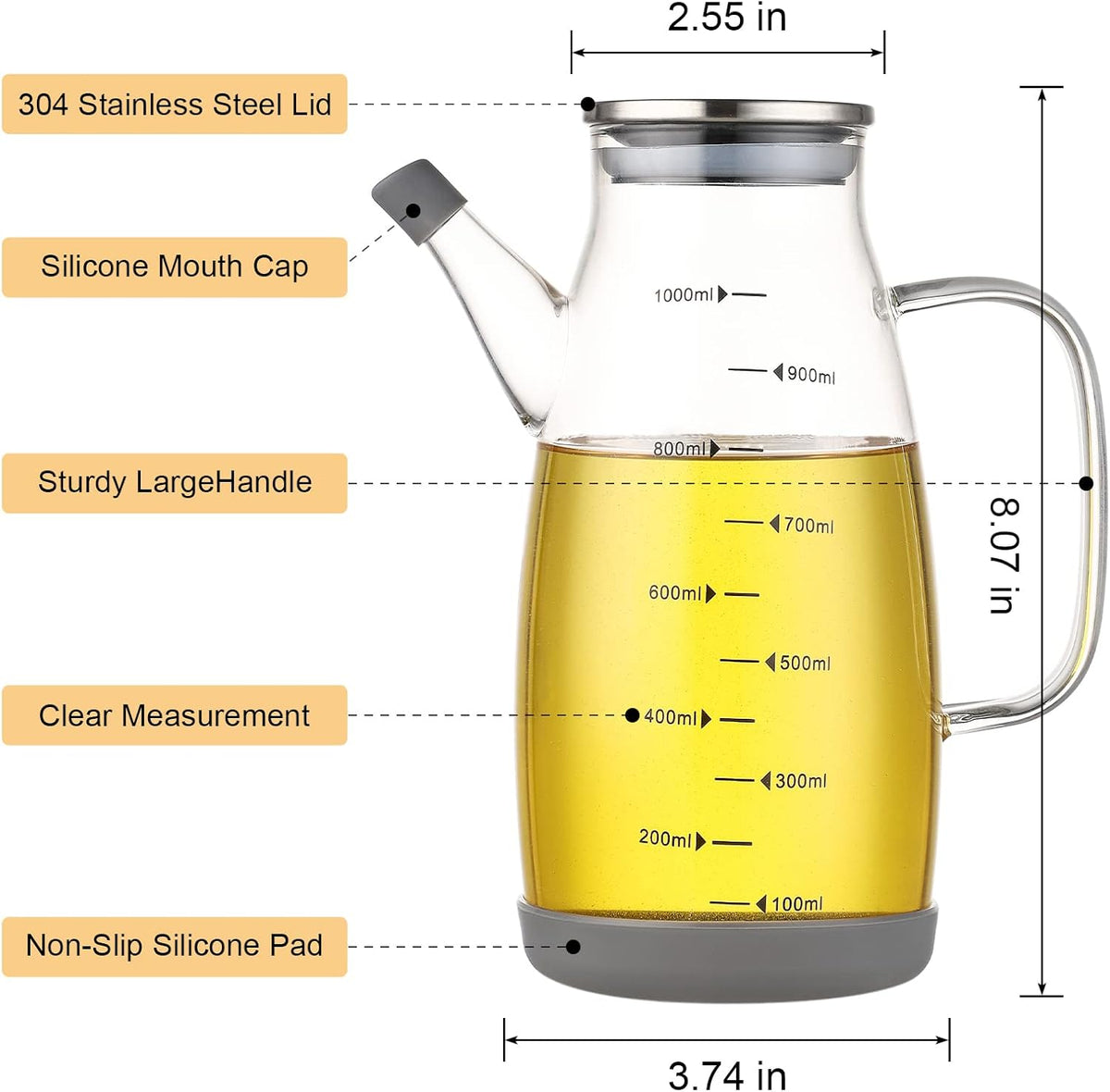 Glass Oil Dispenser Bottle - Glass Olive Oil Bottle for Kitchen, Wide Mouth Borosilicate Glass Cooking Oil Bottles with Lid and Handle (1000ML)