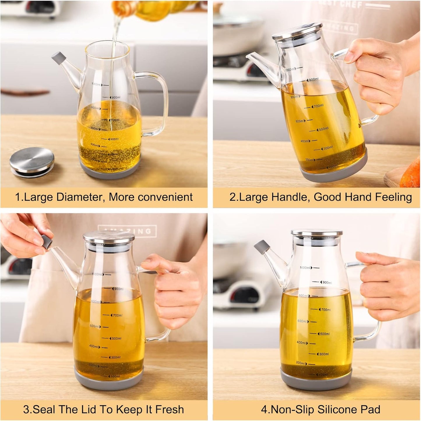 Glass Oil Dispenser Bottle - Glass Olive Oil Bottle for Kitchen, Wide Mouth Borosilicate Glass Cooking Oil Bottles with Lid and Handle (1000ML)