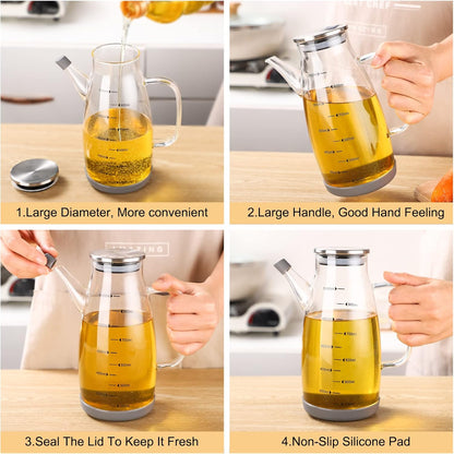 Glass Oil Dispenser Bottle - Glass Olive Oil Bottle for Kitchen, Wide Mouth Borosilicate Glass Cooking Oil Bottles with Lid and Handle (1000ML)