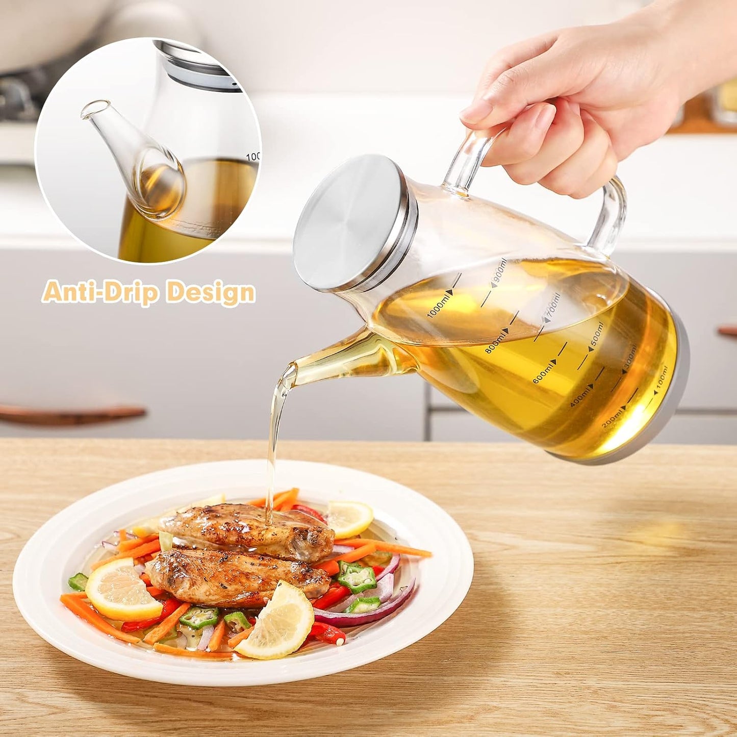 Glass Oil Dispenser Bottle - Glass Olive Oil Bottle for Kitchen, Wide Mouth Borosilicate Glass Cooking Oil Bottles with Lid and Handle (1000ML)