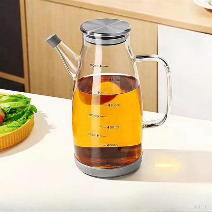 Glass Oil Dispenser Bottle - Glass Olive Oil Bottle for Kitchen, Wide Mouth Borosilicate Glass Cooking Oil Bottles with Lid and Handle (1000ML)