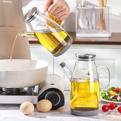 Glass Oil Dispenser Bottle - Glass Olive Oil Bottle for Kitchen, Wide Mouth Borosilicate Glass Cooking Oil Bottles with Lid and Handle (1000ML)