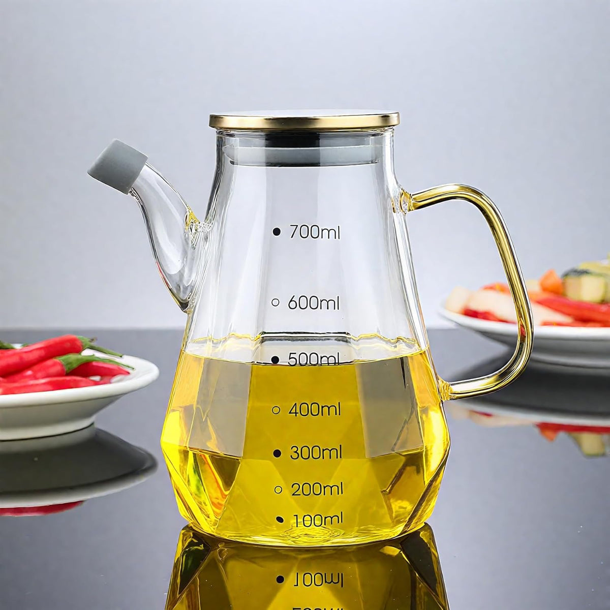 Glass Oil Dispenser Bottle - Glass Olive Oil Bottle for Kitchen, Wide Mouth Borosilicate Glass Cooking Oil Bottles with Lid and Handle (1000ML)