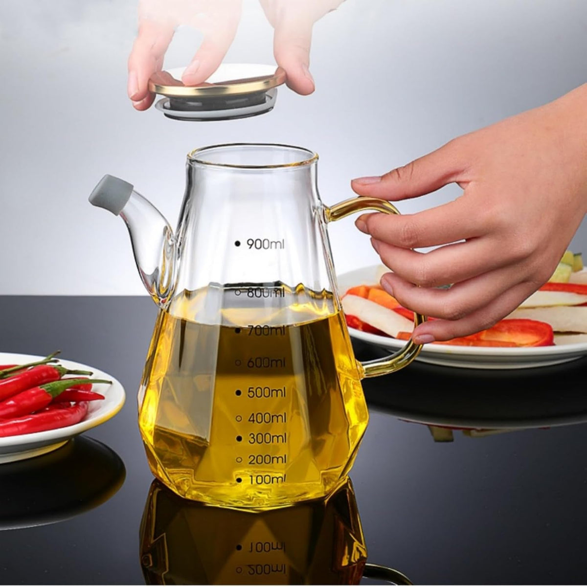 Glass Oil Dispenser Bottle - Glass Olive Oil Bottle for Kitchen, Wide Mouth Borosilicate Glass Cooking Oil Bottles with Lid and Handle (1000ML)