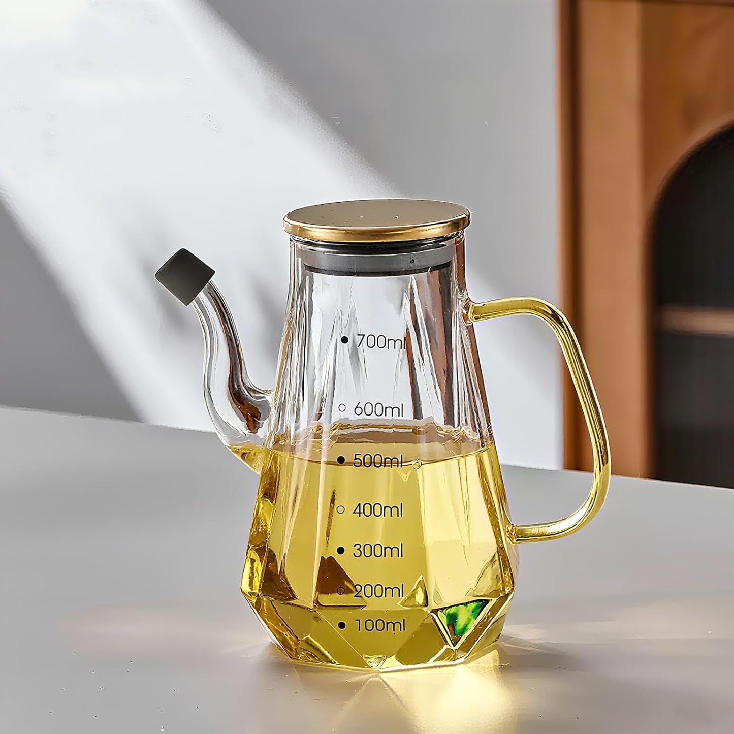 Glass Oil Dispenser Bottle - Glass Olive Oil Bottle for Kitchen, Wide Mouth Borosilicate Glass Cooking Oil Bottles with Lid and Handle (1000ML)
