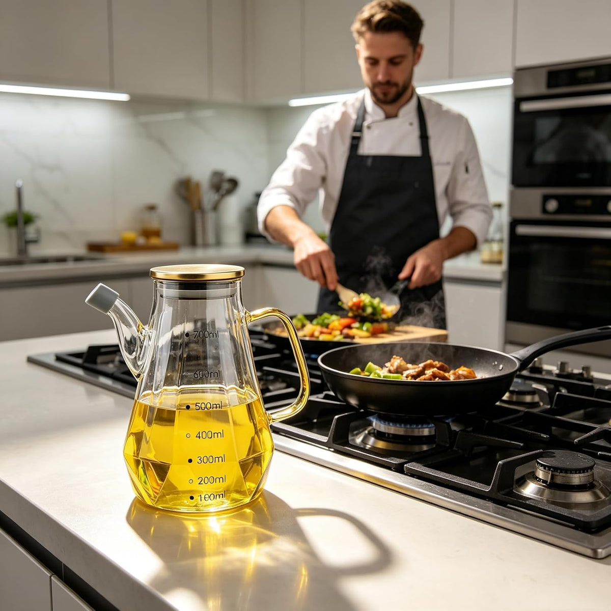 Glass Oil Dispenser Bottle - Glass Olive Oil Bottle for Kitchen, Wide Mouth Borosilicate Glass Cooking Oil Bottles with Lid and Handle (1000ML)