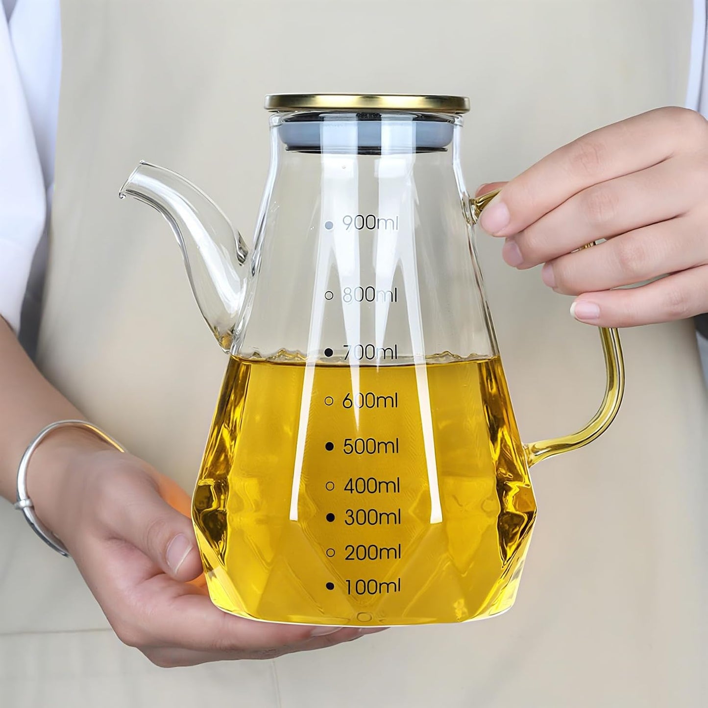 Glass Oil Dispenser Bottle - Glass Olive Oil Bottle for Kitchen, Wide Mouth Borosilicate Glass Cooking Oil Bottles with Lid and Handle (1000ML)
