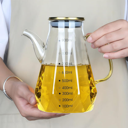 Glass Oil Dispenser Bottle - Glass Olive Oil Bottle for Kitchen, Wide Mouth Borosilicate Glass Cooking Oil Bottles with Lid and Handle (1000ML)