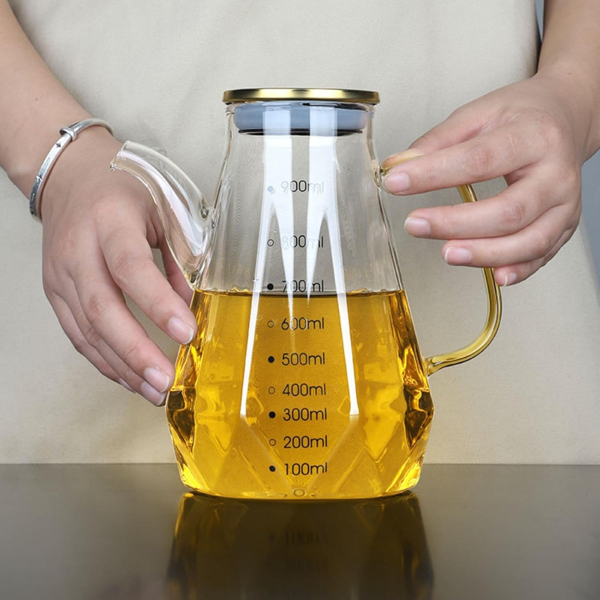 Glass Oil Dispenser Bottle - Glass Olive Oil Bottle for Kitchen, Wide Mouth Borosilicate Glass Cooking Oil Bottles with Lid and Handle (1000ML)