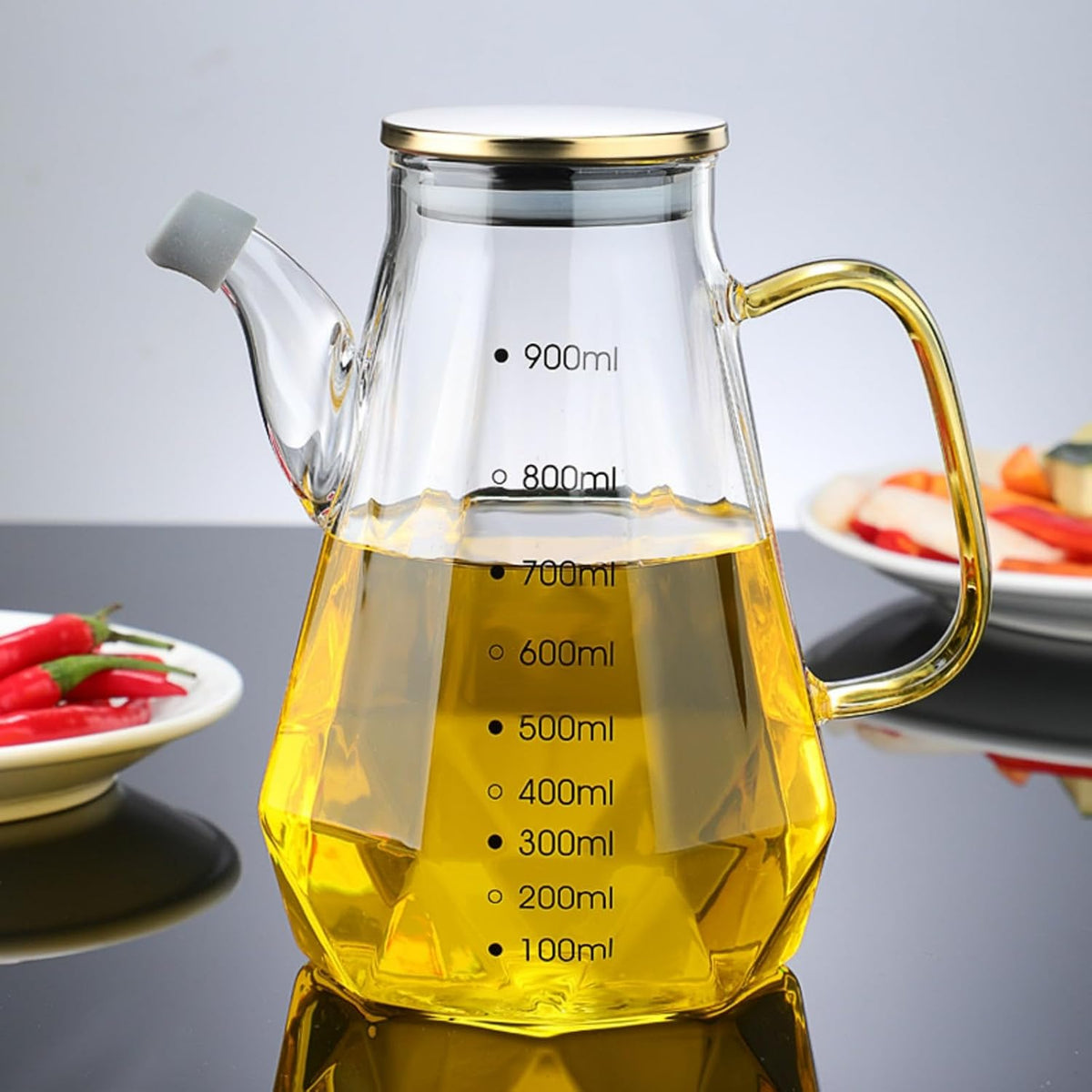 Glass Oil Dispenser Bottle - Glass Olive Oil Bottle for Kitchen, Wide Mouth Borosilicate Glass Cooking Oil Bottles with Lid and Handle (1000ML)