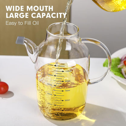 Glass Oil Dispenser Bottle - Glass Olive Oil Bottle for Kitchen, Wide Mouth Borosilicate Glass Cooking Oil Bottles with Lid and Handle (1000ML)