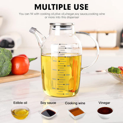 Glass Oil Dispenser Bottle - Glass Olive Oil Bottle for Kitchen, Wide Mouth Borosilicate Glass Cooking Oil Bottles with Lid and Handle (1000ML)