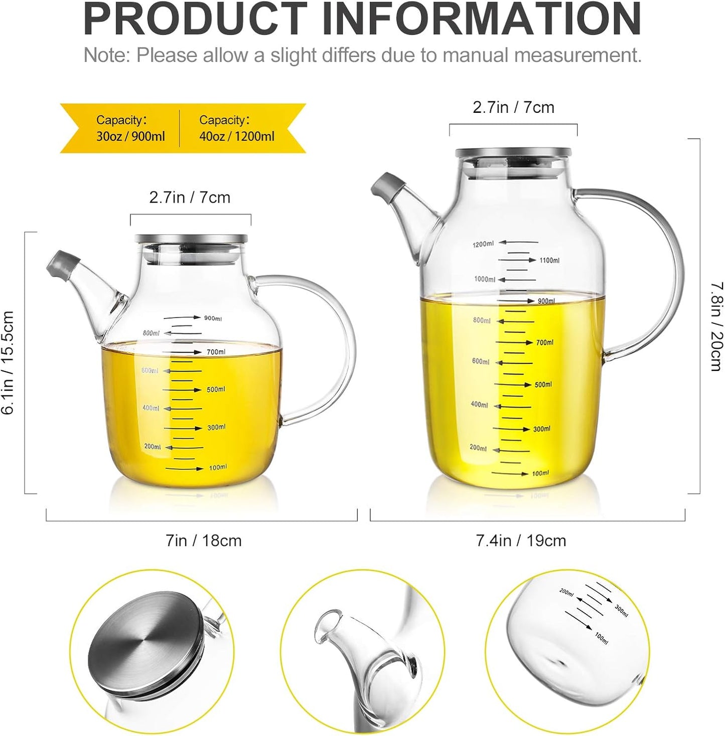 Glass Oil Dispenser Bottle - Glass Olive Oil Bottle for Kitchen, Wide Mouth Borosilicate Glass Cooking Oil Bottles with Lid and Handle (1000ML)