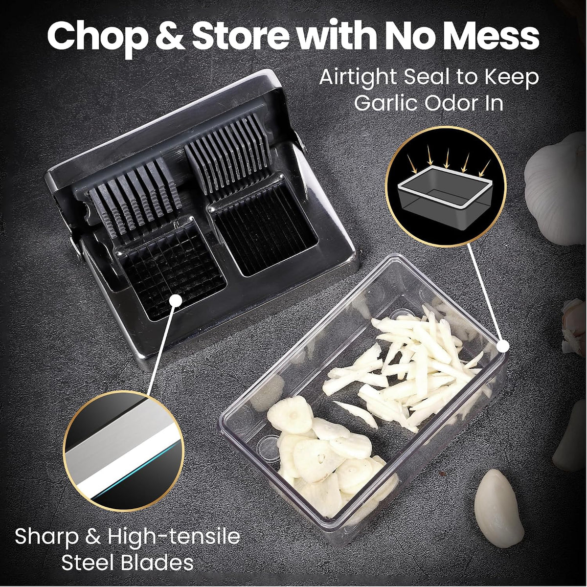 Garlic Press Chopper, 2-in-1 Slicer & Dicer, Fridge Friendly