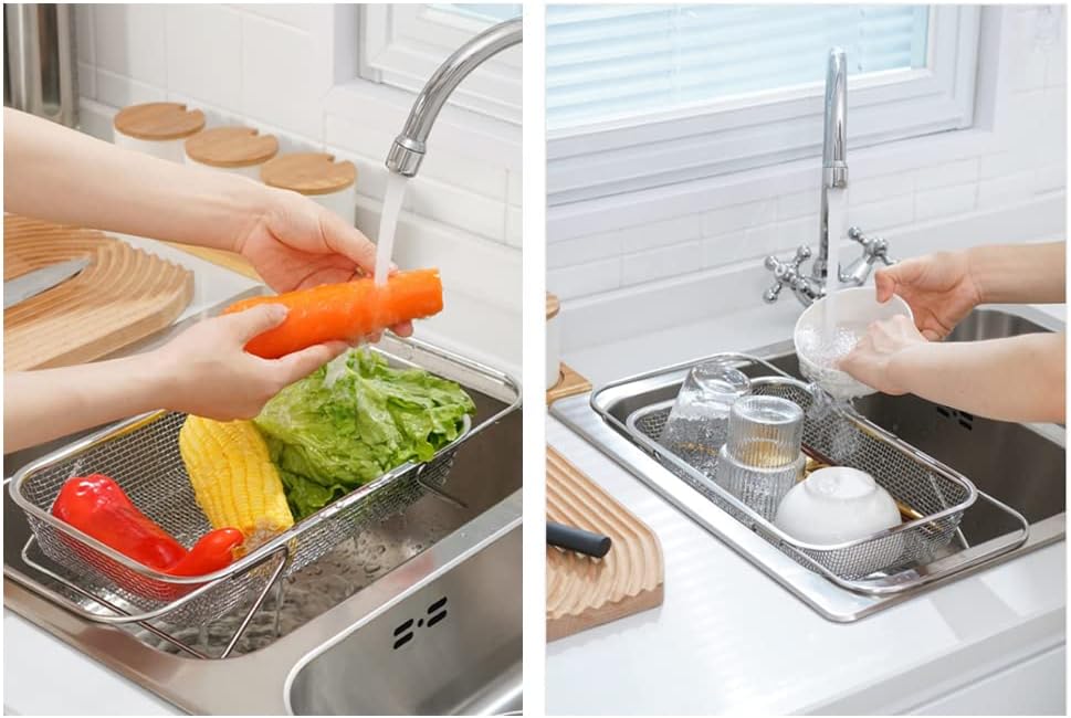 Over The Sink Colander, Expandable Fine Mesh Stainless Steel Strainers and Colanders, Stainless Steel Oval Colander with Grip Handle, Steel Colander for Strain, Drain, Rinse, for Draining Pasta