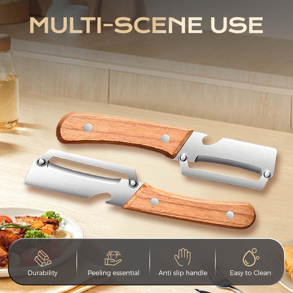 Multi-Functional Vegetable Peeler for Kitchen, 2026 Upgraded 2 in 1 Ultra-Sharp Stainless Steel Blade with Wooden Handle and Bottle Opener, For Fruits or Vegetables that Need to Be Peeled (2)