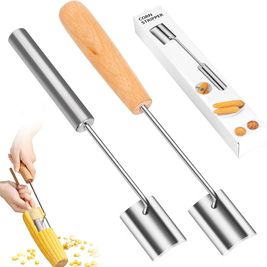 2 Pack Corn Peeler for Corn on the Cob, Stainless Steel Corn Stripper with Ergonomic Wooden Handle, Corn Kernel Cutter Remover Tool for Home Kitchen, BBQ, Camping, Salads and Outdoor Cooking