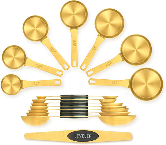Magnetic Measuring Cups & Spoons Set for Cooking, 15pcs | 7 Gold Measuring Cups, 7 Double-Sided Measuring Spoons & 1 Leveler, Gold Baking Kitchen Gadgets for Dry & Liquid Ingredients