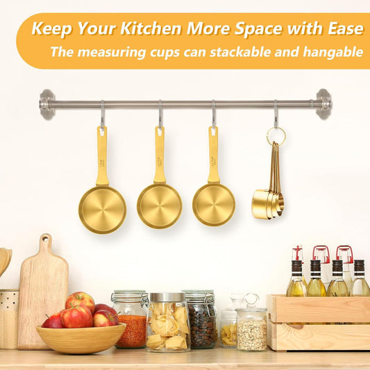 Magnetic Measuring Cups & Spoons Set for Cooking, 15pcs | 7 Gold Measuring Cups, 7 Double-Sided Measuring Spoons & 1 Leveler, Gold Baking Kitchen Gadgets for Dry & Liquid Ingredients