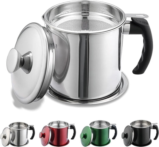 Bacon Grease Container With Strainer, 48 oz Stainless Steel Oil Container, Pot Fat Storage With Lid, Easy Grip Handle Suitable For Storing Frying Oil And Cooking Grease 1. Silver