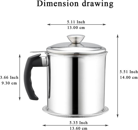 Bacon Grease Container With Strainer, 48 oz Stainless Steel Oil Container, Pot Fat Storage With Lid, Easy Grip Handle Suitable For Storing Frying Oil And Cooking Grease 1. Silver