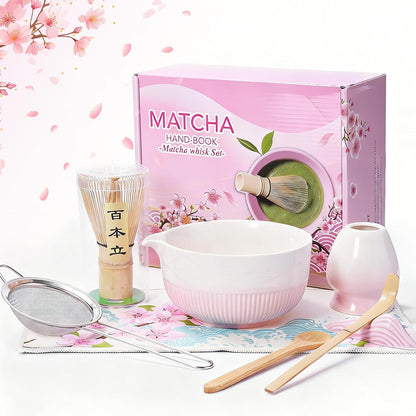 Matcha Whisk Set, Ceramic Matcha Set Includes Bowl & Holder, Bamboo Whisk (Chasen), Scoop, Spoon and Sifter, 8PCS Matcha Kit Covers Everything Needed for Making Matcha (Pink)