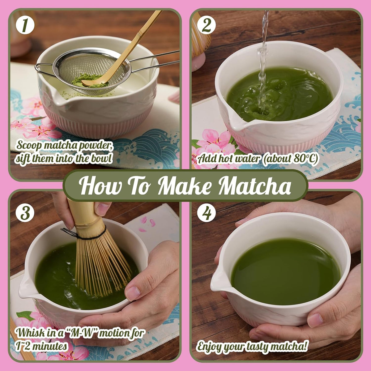 Matcha Whisk Set, Ceramic Matcha Set Includes Bowl & Holder, Bamboo Whisk (Chasen), Scoop, Spoon and Sifter, 8PCS Matcha Kit Covers Everything Needed for Making Matcha (Pink)
