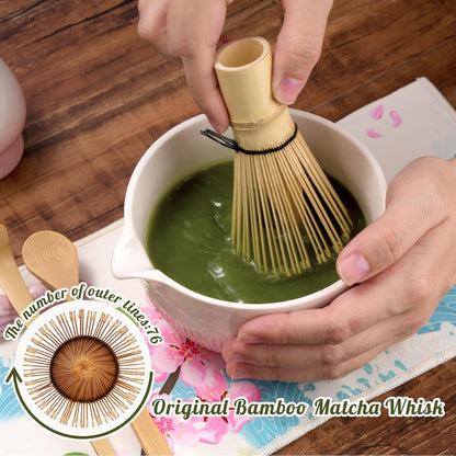 Matcha Whisk Set, Ceramic Matcha Set Includes Bowl & Holder, Bamboo Whisk (Chasen), Scoop, Spoon and Sifter, 8PCS Matcha Kit Covers Everything Needed for Making Matcha (Pink)
