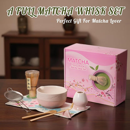 Matcha Whisk Set, Ceramic Matcha Set Includes Bowl & Holder, Bamboo Whisk (Chasen), Scoop, Spoon and Sifter, 8PCS Matcha Kit Covers Everything Needed for Making Matcha (Pink)