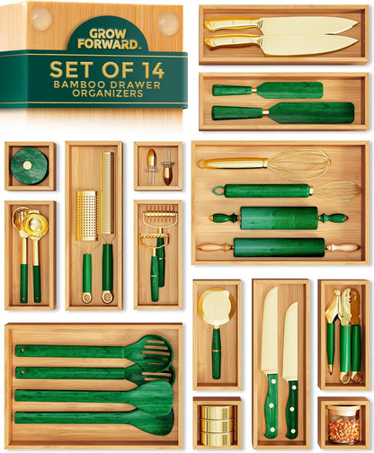 Bamboo Drawer Organizer Boxes - Set of 14 Wooden Drawer Organizers for Kitchen, Bathroom, Office, Desk, Vanity, Makeup - Non-Slip Junk Drawer Organizer Trays for Storage and Organization