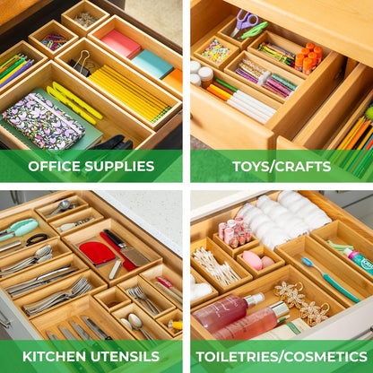 Bamboo Drawer Organizer Boxes - Set of 14 Wooden Drawer Organizers for Kitchen, Bathroom, Office, Desk, Vanity, Makeup - Non-Slip Junk Drawer Organizer Trays for Storage and Organization