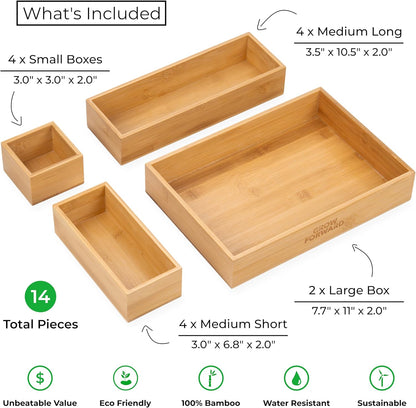 Bamboo Drawer Organizer Boxes - Set of 14 Wooden Drawer Organizers for Kitchen, Bathroom, Office, Desk, Vanity, Makeup - Non-Slip Junk Drawer Organizer Trays for Storage and Organization