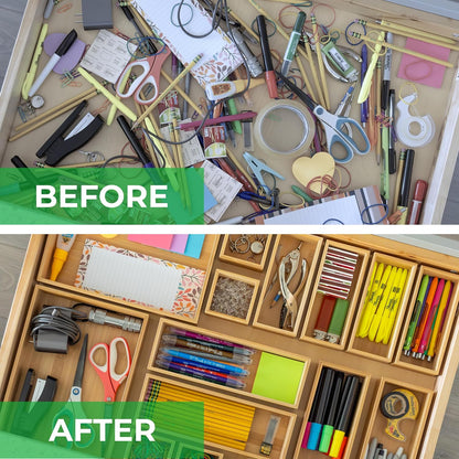 Bamboo Drawer Organizer Boxes - Set of 14 Wooden Drawer Organizers for Kitchen, Bathroom, Office, Desk, Vanity, Makeup - Non-Slip Junk Drawer Organizer Trays for Storage and Organization