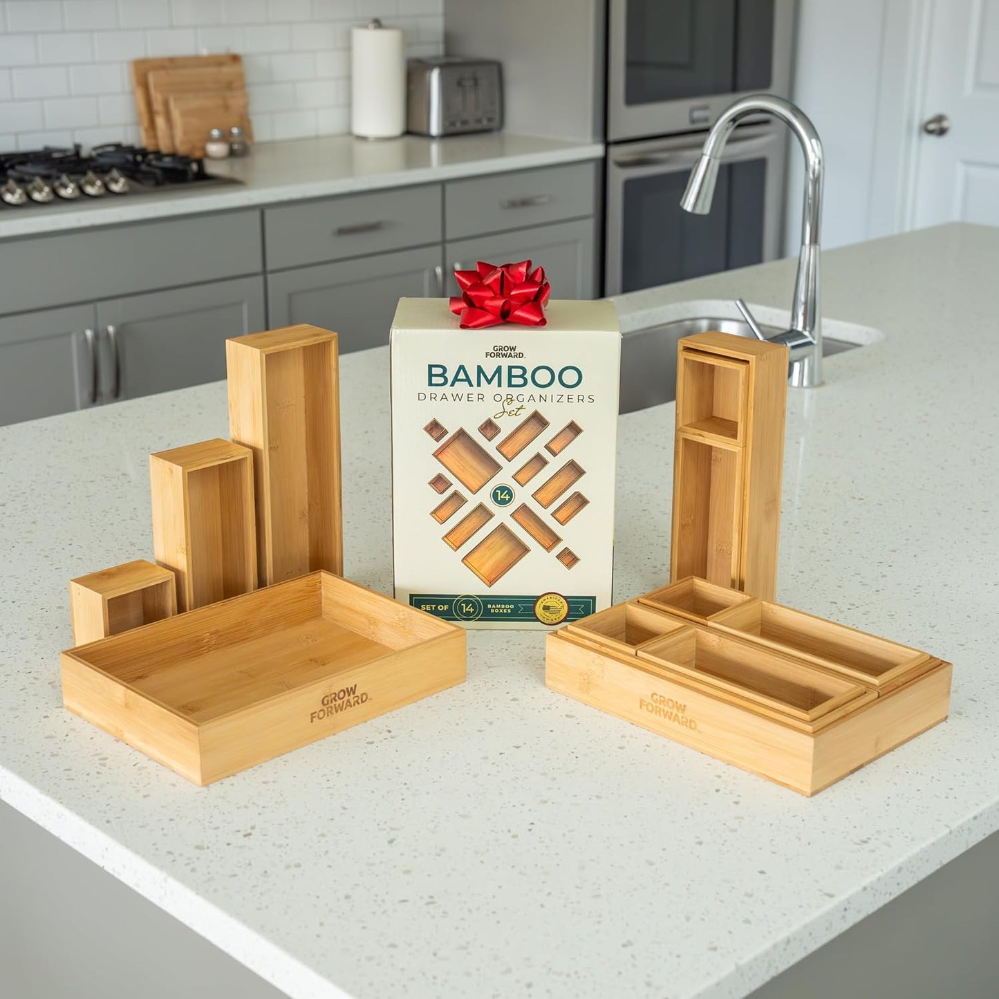 Bamboo Drawer Organizer Boxes - Set of 14 Wooden Drawer Organizers for Kitchen, Bathroom, Office, Desk, Vanity, Makeup - Non-Slip Junk Drawer Organizer Trays for Storage and Organization