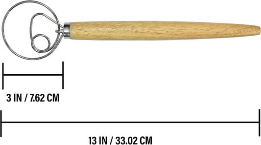 R&M Dough Whisk – 13" Stainless Steel Bread Mixer with Rubber Wood Handle – Hand Dough Blender for Sourdough, Pizza Dough, Pastries & Thick Batters