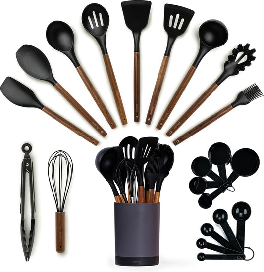 Silicone Kitchen Utensils Set, 22-Piece Acacia Wood Handle, Black | Cooking Utensils Set, Spatula Set with Utensils Holder, Heat-Resistant Silicone Heads, for Nonstick Cookware, BPA Free